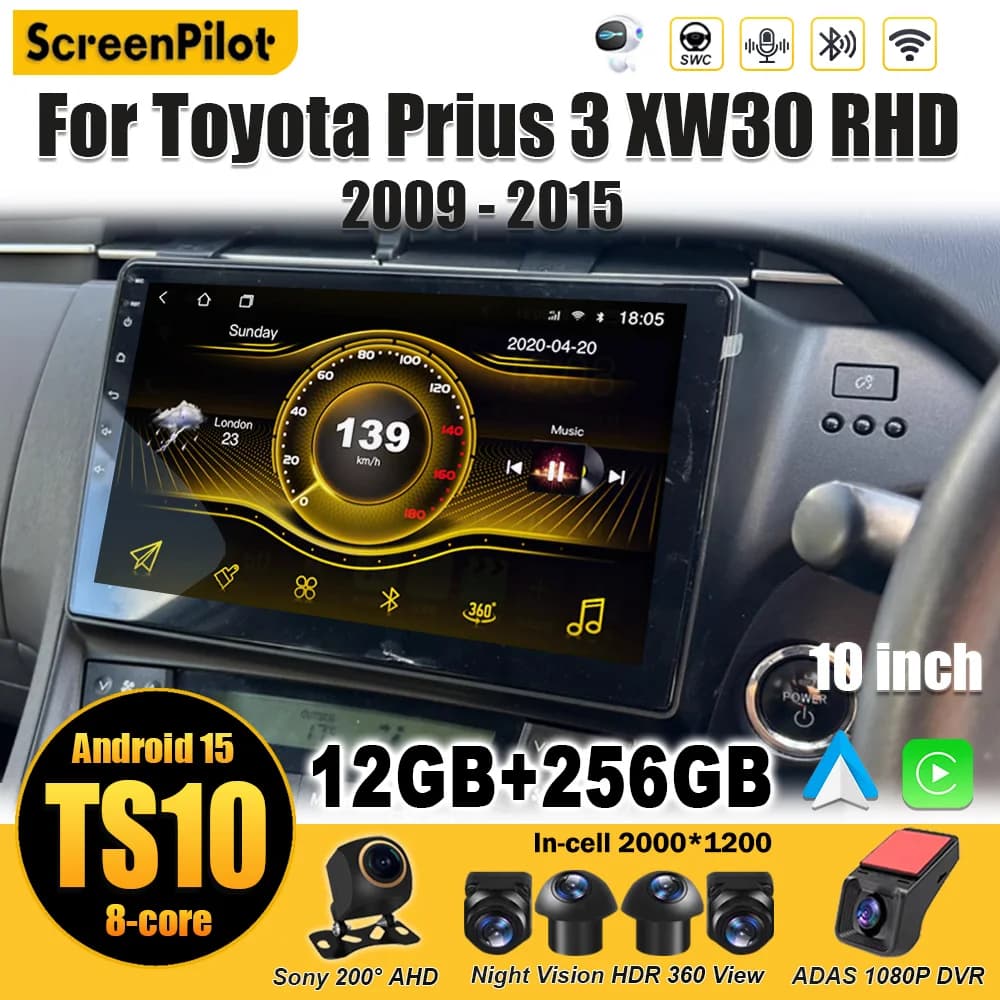 For Toyota Prius 3 XW30 2009-2015 Android 15 Autoradio Main unit stereo Mirror Link GPS Navigation Bluetooth 8 Core Wifi RDS 5G