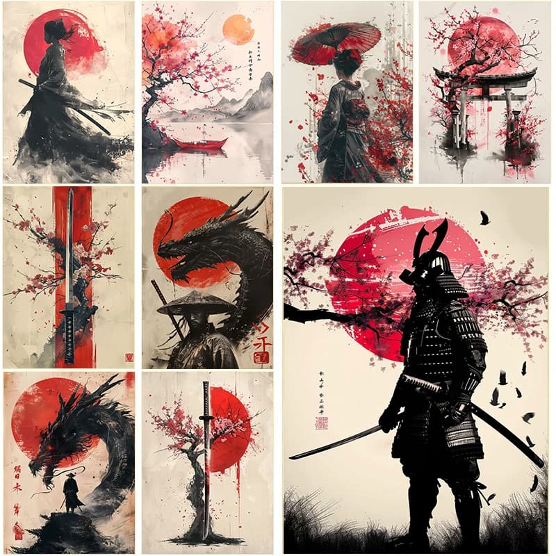 Poster Artistico Giapponese con Paesaggio, Samurai, Geisha, Bonsai, Porta Torii e Sakura, Stampa Diamantata per Decorazione Casa e Camera