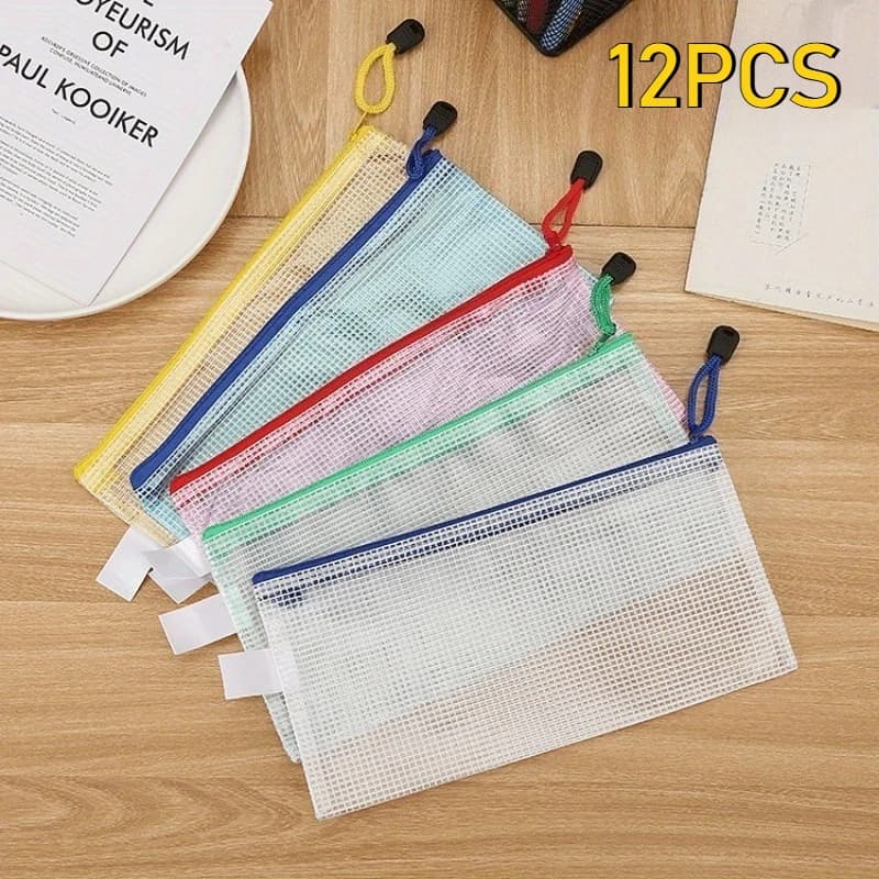 12PCS Stationery Storage Folder File Mesh Zipper Pouch A4 A5 A6 Document Bag Zip File Folders School Office Supplies