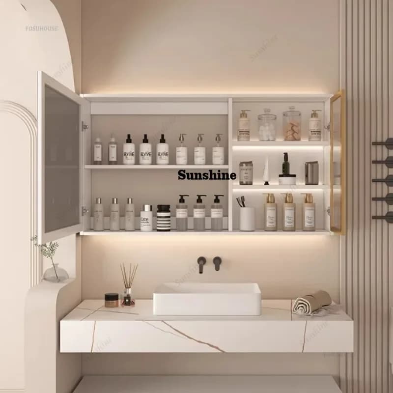 Mobile Bagno Moderno con Specchio Integrato, Armadietto a Parete Antiappannamento con Luce di Sottofondo K F