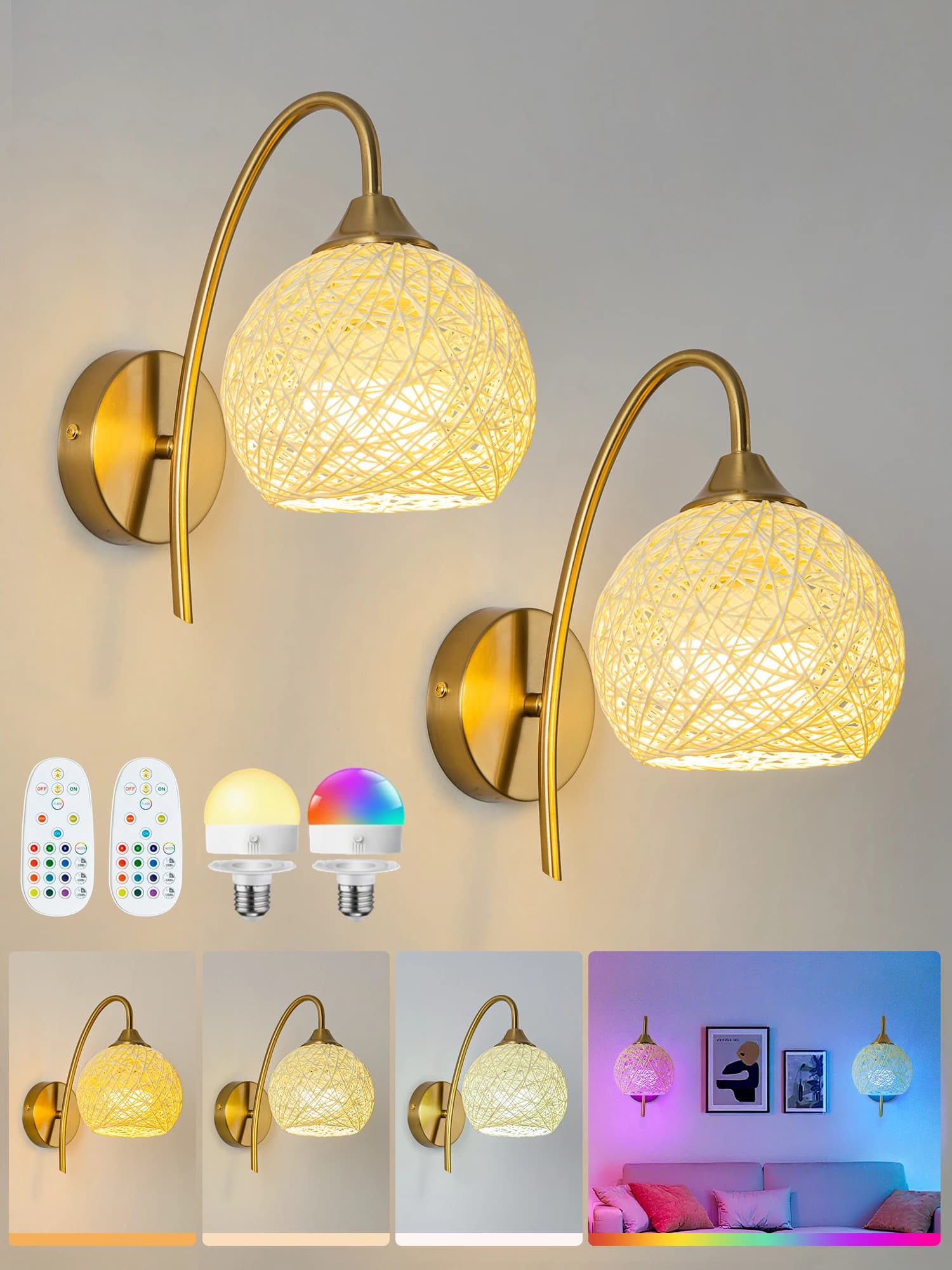 Lampada da parete alimentata a batteria, lampada da parete con ricarica wireless, con lampadina dimmerabile rimovibile da 2000 mAh e telecomando, lampada da parete a 15 colori, decorazione da parete per camera da letto, soggiorno, corridoio