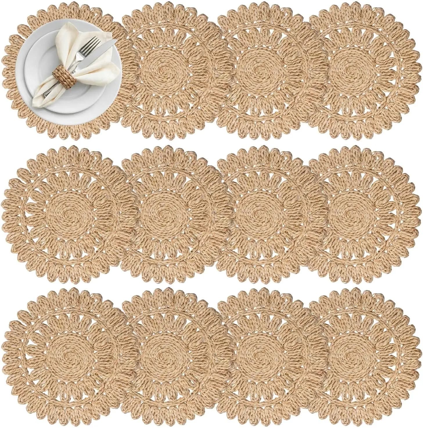 Natural Corn Husk Placemats, 13.8" Round Woven Chargers, Boho Table Mats - Set of 12