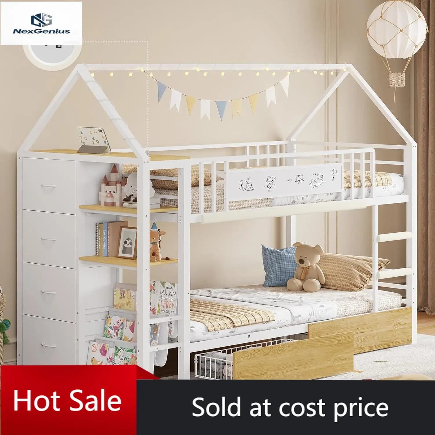 Letto a Castello per Bambini con 6 Cassetti Portaoggetti, Libreria Montessori, Letto a Forma di Casa con Luci a Globo e Porte USB