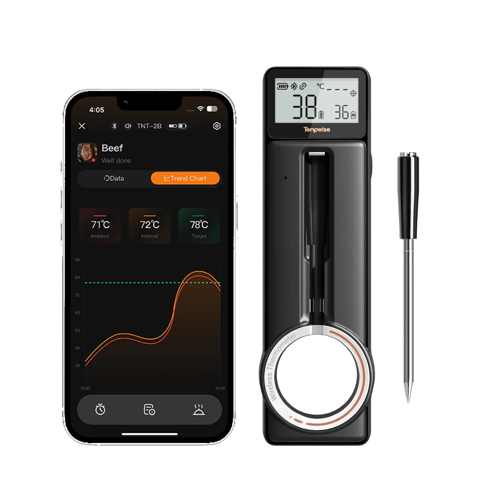 Tempwise Bluetooth 5.4 meat thermometer with 5 mm ultra thin probe Domestic kitchen thermometer for grilling, roasting, smokers