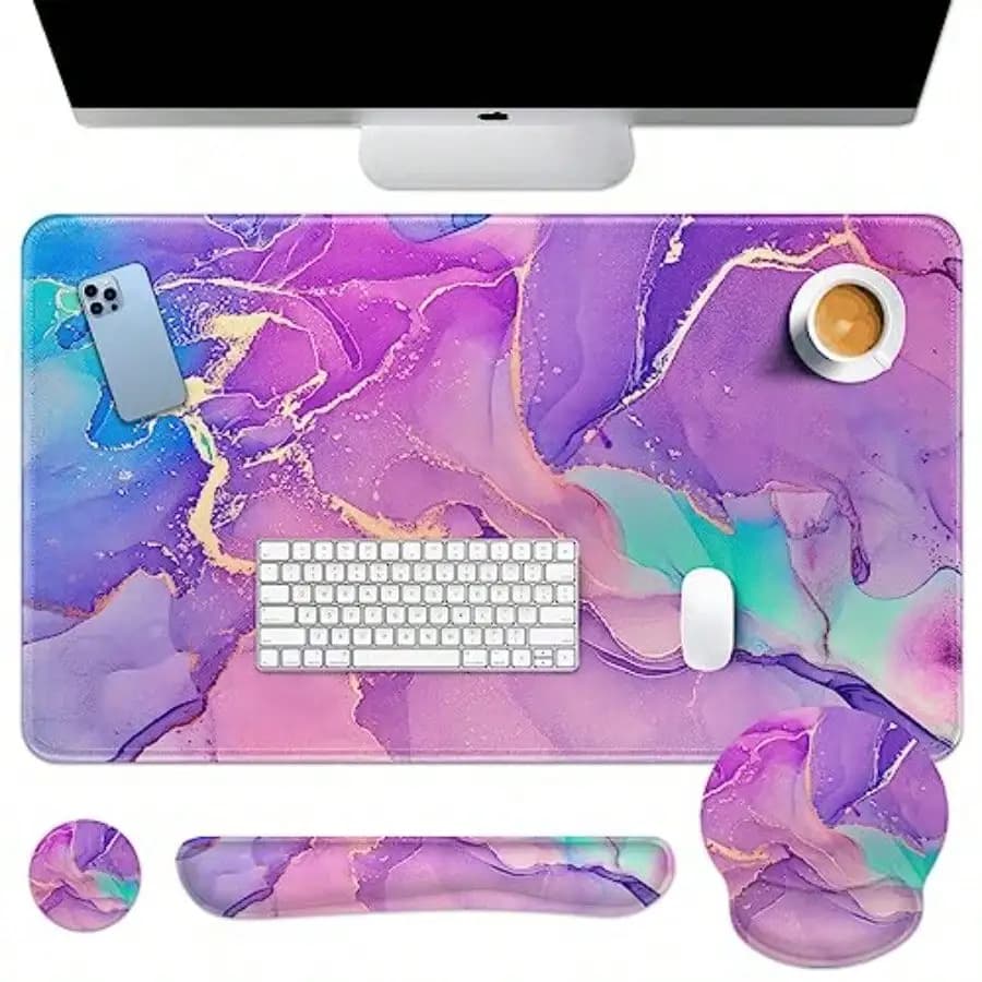 Tappetino per Scrivania in Marmo Blu Viola, Set Tappetino Mouse Dorato con Supporto per Polso 4-in-1: Tappetino Mouse Grande + Poggiapolsi per Tastiera + Mouse