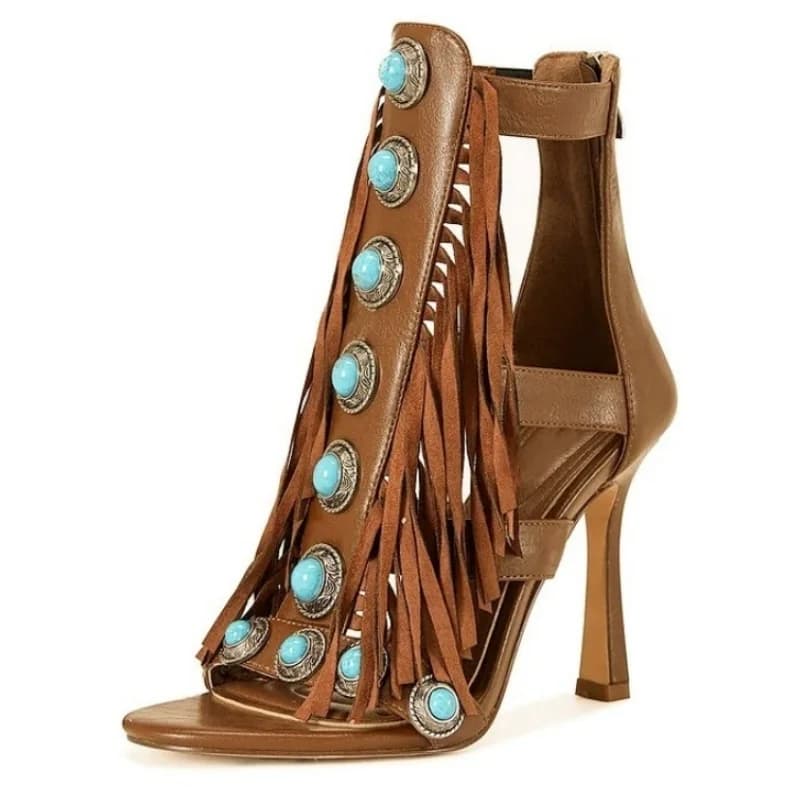 2025 Summer New Fringe Design Women Ankle Boots Round Toe Thin High Heels Female Sandals Hollow Out Cross-tied Sexy Ladies Pumps
