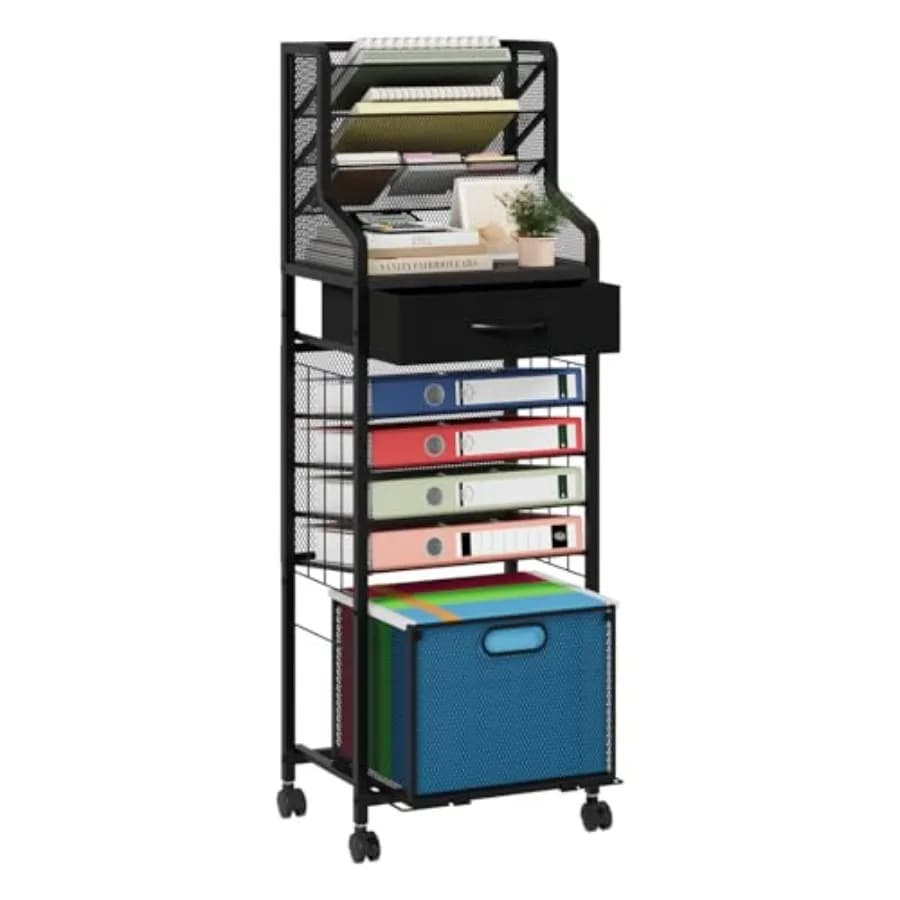Carrello Portadocumenti a 10 Ripiani - Organizzatore in Rete con Cassetto e Cartelle Appendibili su Ruote Bloccabili, Armadietto Portadocumenti Mobile
