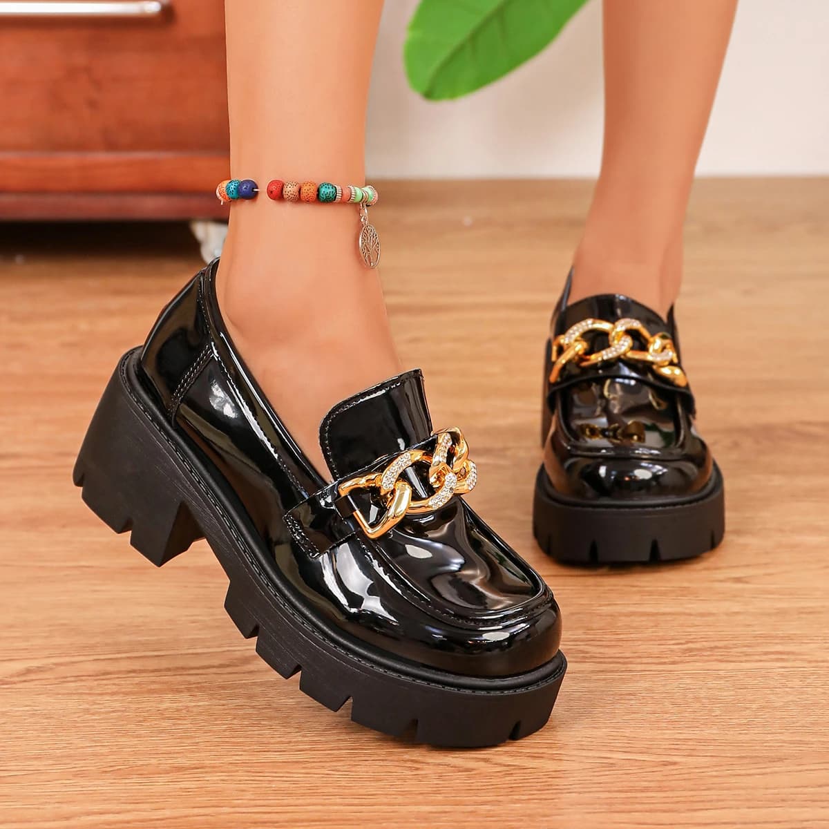 Patent Leather Mary Janes Loafers British Style Platform Wedge Height Increasing Thick Sole Chunky Chain Strap New Spring Shoes