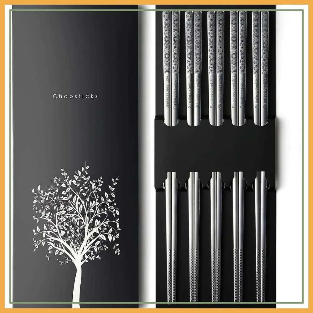 Bacchette in acciaio inossidabile 18/8 incise al laser, 5 paia di bacchette in metallo riutilizzabili lavabili in lavastoviglie, stile giapponese coreano quadrato antiscivolo per cucinare e mangiare, set regalo da 9 1/4 pollici