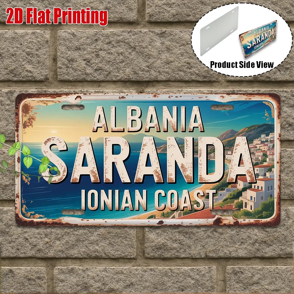 Targa in Metallo Stile Retro con Stampa 2D della Costa Ionica di Saranda, Albania, Decorazione a Tema Costiero Mediterraneo