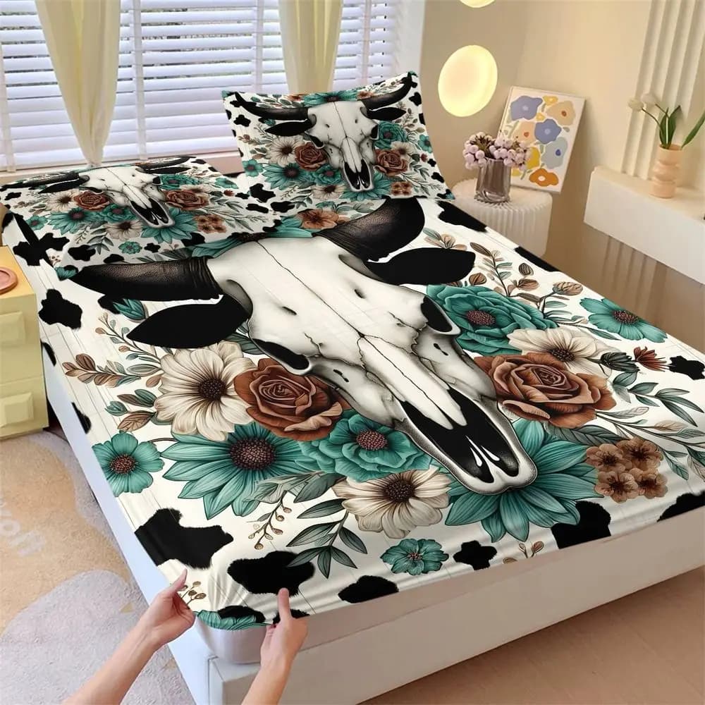 3Pcs Western Cow Skull Floral Bedding Set Cowhide Fitted Sheet Set Bed Sheets Set Boho Farmhouse Bedroom Decor Soft Bedding