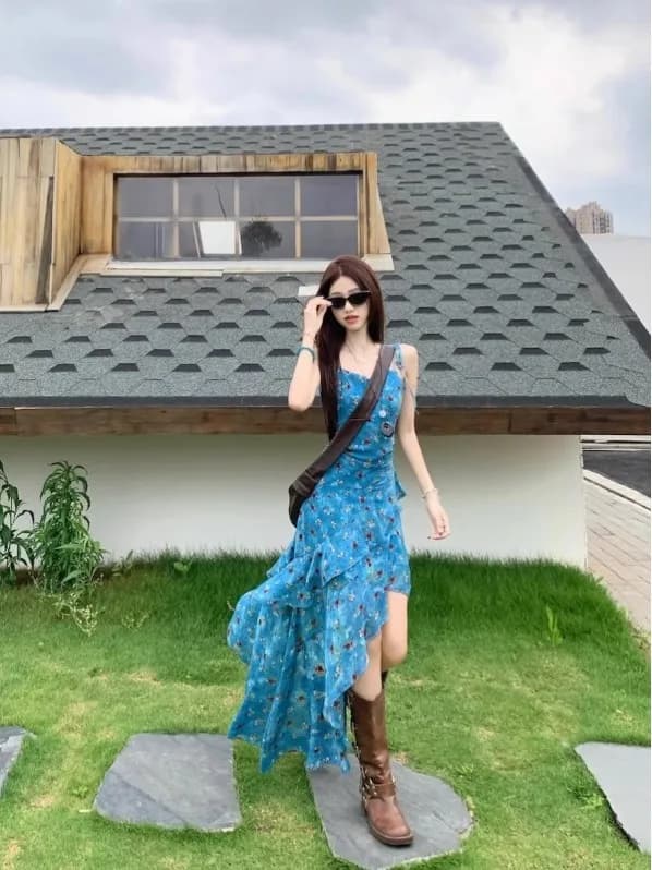 Retro Floral Print Halter Dress Women's Summer Slimming Skirt Style Cake Skirt Breathable Soft Polyester Fiber Low Elasticity