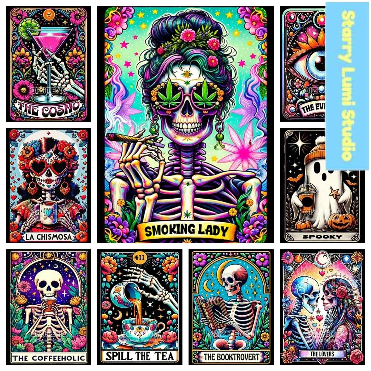 Kit Fai da Te per Pittura Diamantata e Ricamo a Punto Croce, Tema Carta dei Tarocchi e Scheletro Cartoon, Arte Mosaico Teschio, Decorazione Regalo