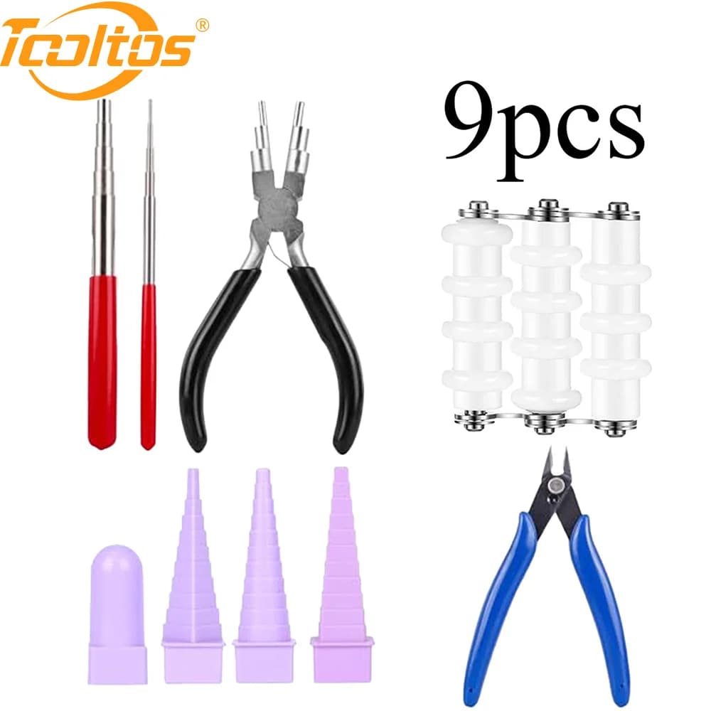 TOOLTOOLS Set di 9 Attrezzi per Creazione Gioielli, Kit Pinze per Avvolgere Fili con Apri Anelli, Taglierina e Mandrini per Perline