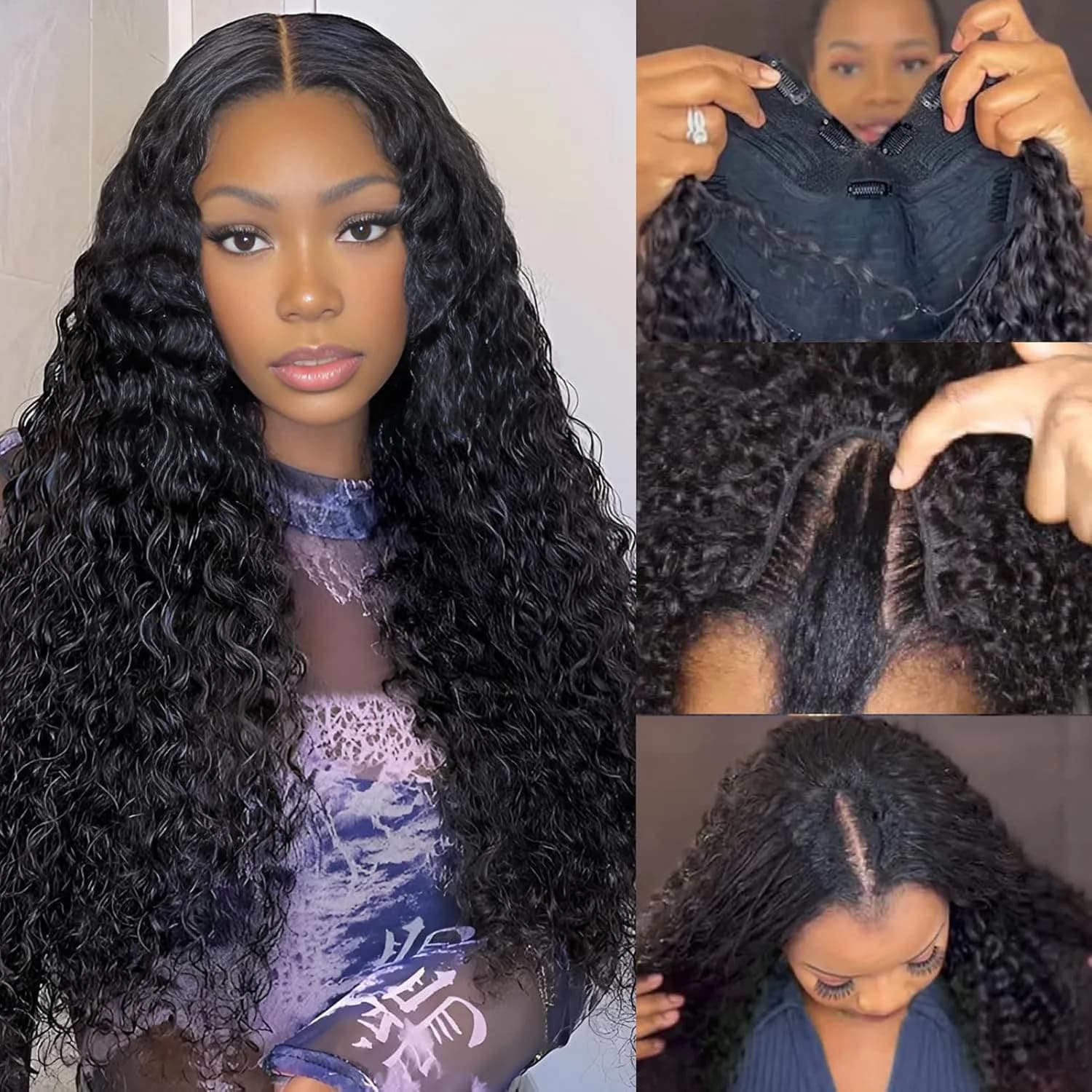 Parrucca riccia a V da 32 pollici in capelli umani, con clip, a onda profonda, colore naturale