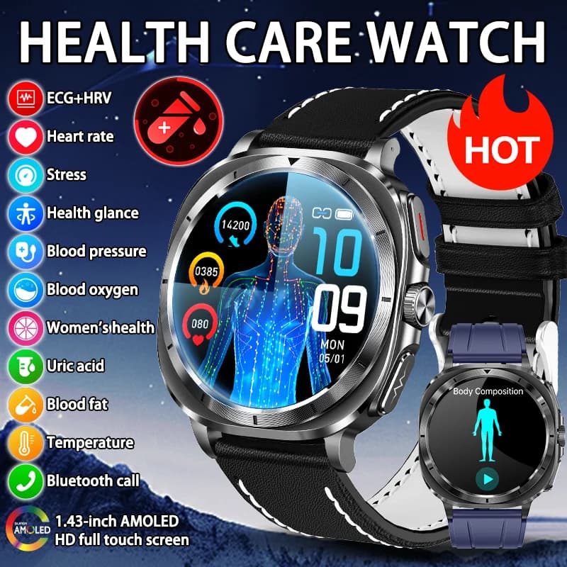 2025 New ECG Blood Pressure Urily Acid Lipids Blood Oxygen Blood Blood Frequency Medical Diagnosis Accurate Call BT Health Smart Watch