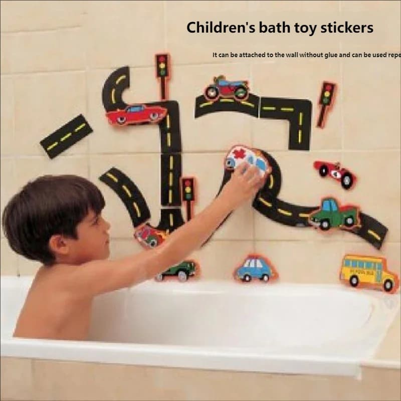 Gowinbaby 23 Pieces Sticky Wall Bath Puzzle, City Traffic Car Track Soft Vinyl Toy, Baby Bathtub Water Play Educational Gifts