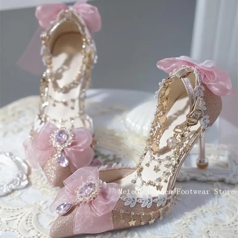 Sandali Sweet Lolita fatti a mano con fiocchi e strass, punta a punta, cinturino alla caviglia, fibbia, abito rosa, scarpe da sposa, tacco alto per le donne