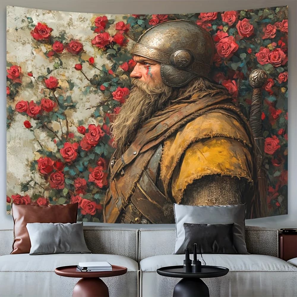 Warrior Amidst Roses Art Tapestry - Elegant Polyester Wall Decor for Living Room, Bedroom, Office, Party - Vibrant Red Roses