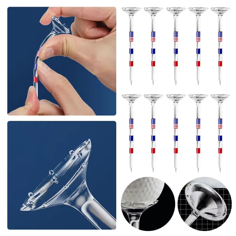 TINSOL 10Pcs Long Golf Tees Bulk Unbreakable 83mm Transparent USA American Flag Reduces Friction and Side Spin Golf Accessories