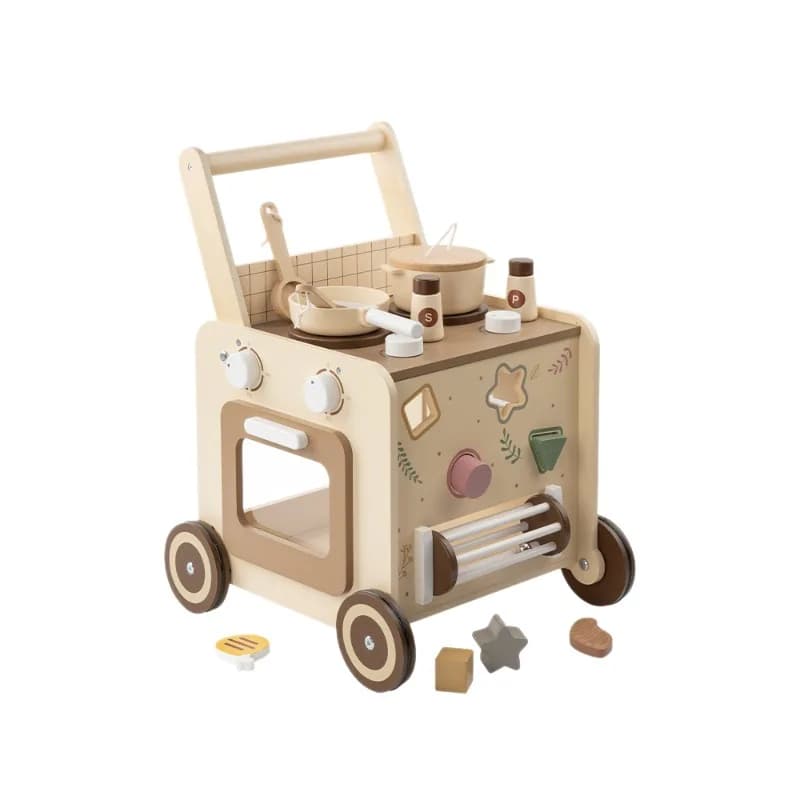 Carrello in legno multifunzionale con blocchi di costruzione e perline