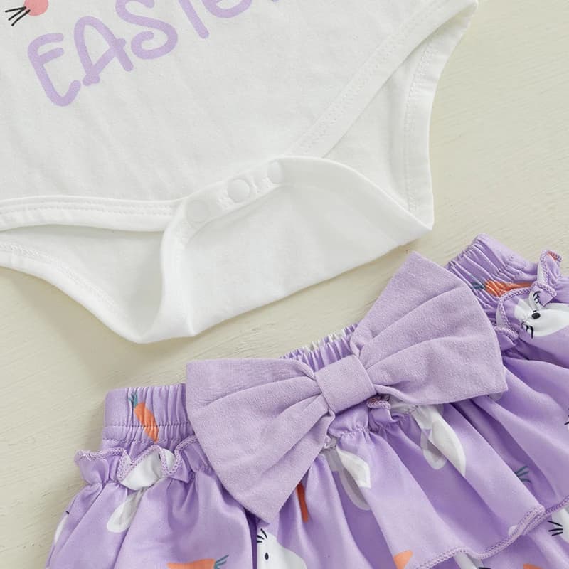 Completo da bambina coniglietto pasquale, pagliaccetto a maniche lunghe con pantaloncini con volant e fiocco, calzini per capelli - Set di vestiti primaverili per neonati