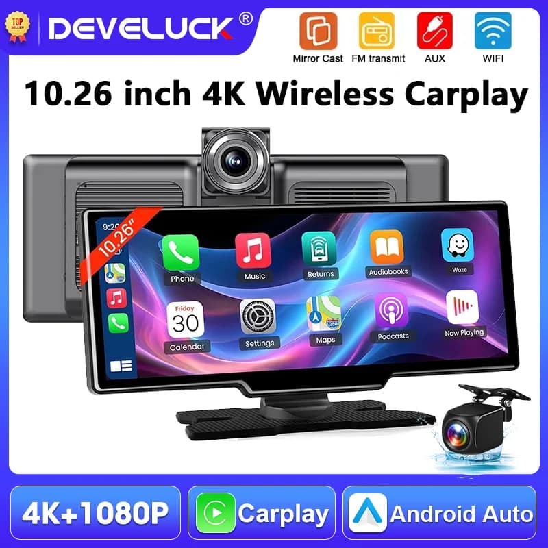 10.26 inch car monitor, 4K camera, Wireless Carplay, Android Auto, Bluetooth, dashcam, DVR, video recorder, rear camera, FM, AUX