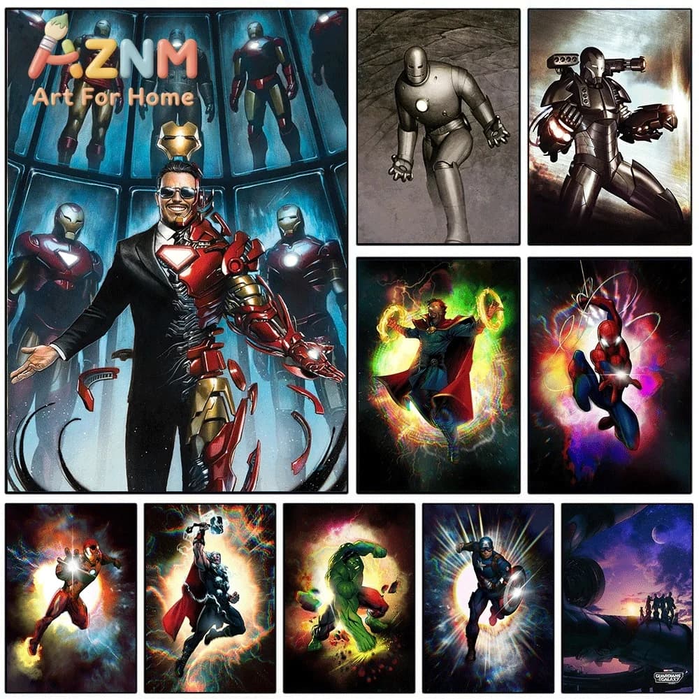 AZNM Tony Stark Iron Man Armor Hall Marvel Canvas Wall Art Frameless Print Superhero Poster Home Bedroom Living Room Decor Pai