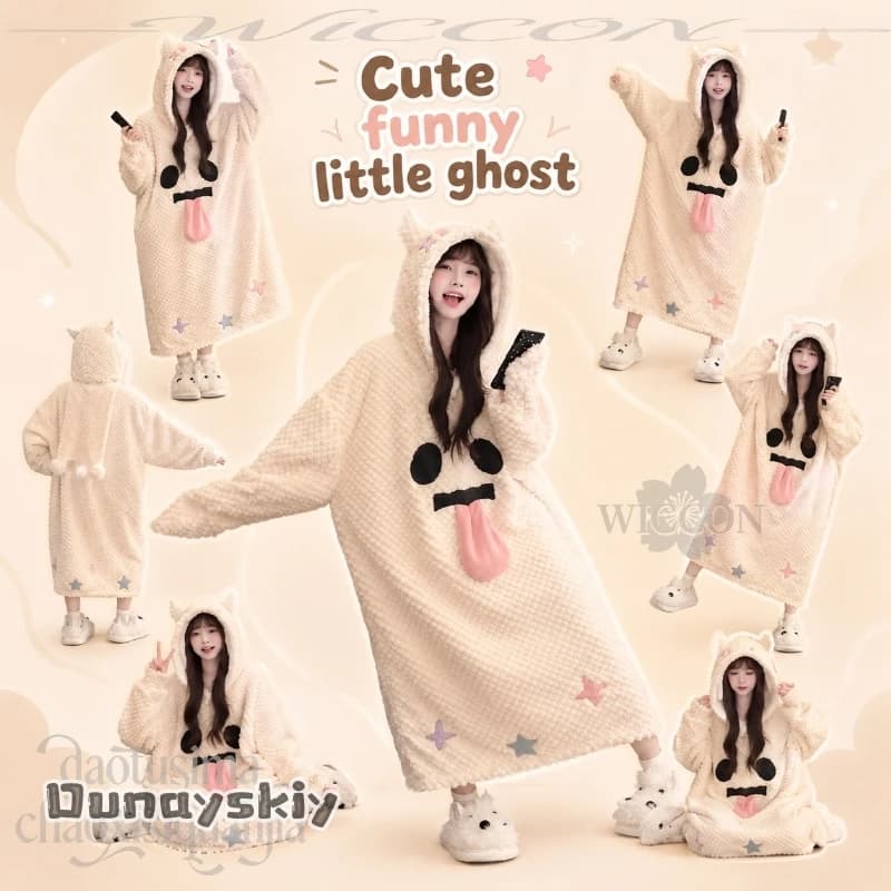 Cute Funny Little Ghost Cosplay Kawaii Funny Cartoon Ghost White Long Dress Jumpsuit Pajamas Homework Winter Housecoat Halloween