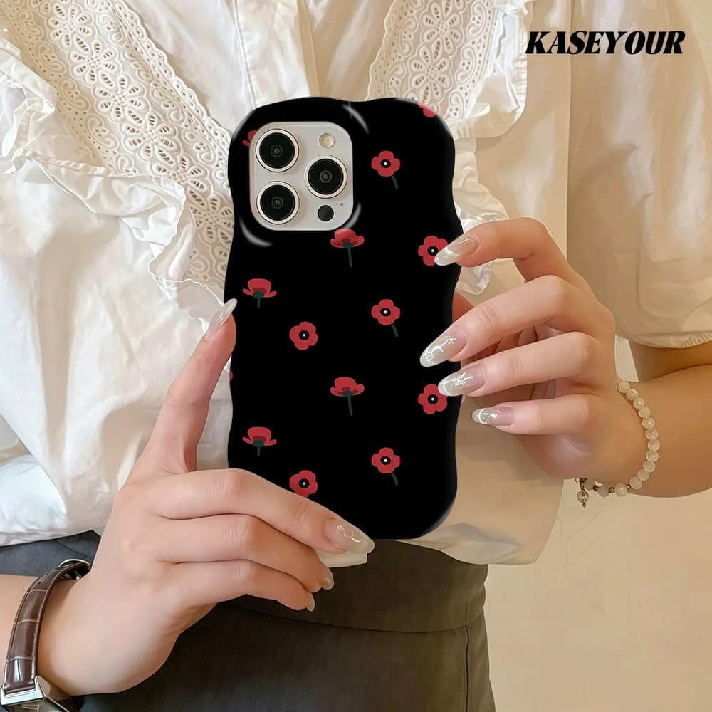 Poppy Noir Fashion 2 in 1 Cover Lucida per iPhone 13 14 15 16 17 Pro Max con Bordi Ondulati, Guscio Rigido Sottile
