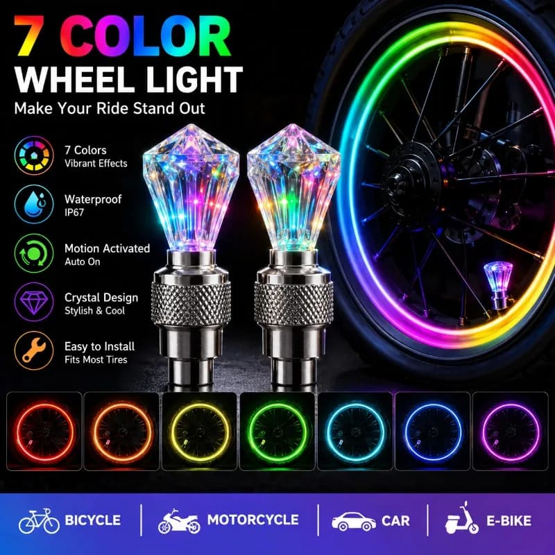 Rainbow LED Wheel Valve Stem Light, Vibration Sensor Tire Lamp for Bicycle Motorcycle Car Mountain Bike Electric Scooter