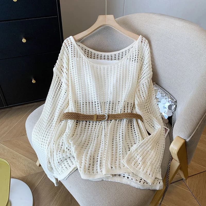 Sexy Hollow out Long Sleeve Knitted Sweater Women's Loose Fit Thin Top Belted Outerwear Autumn New Style Korean Style