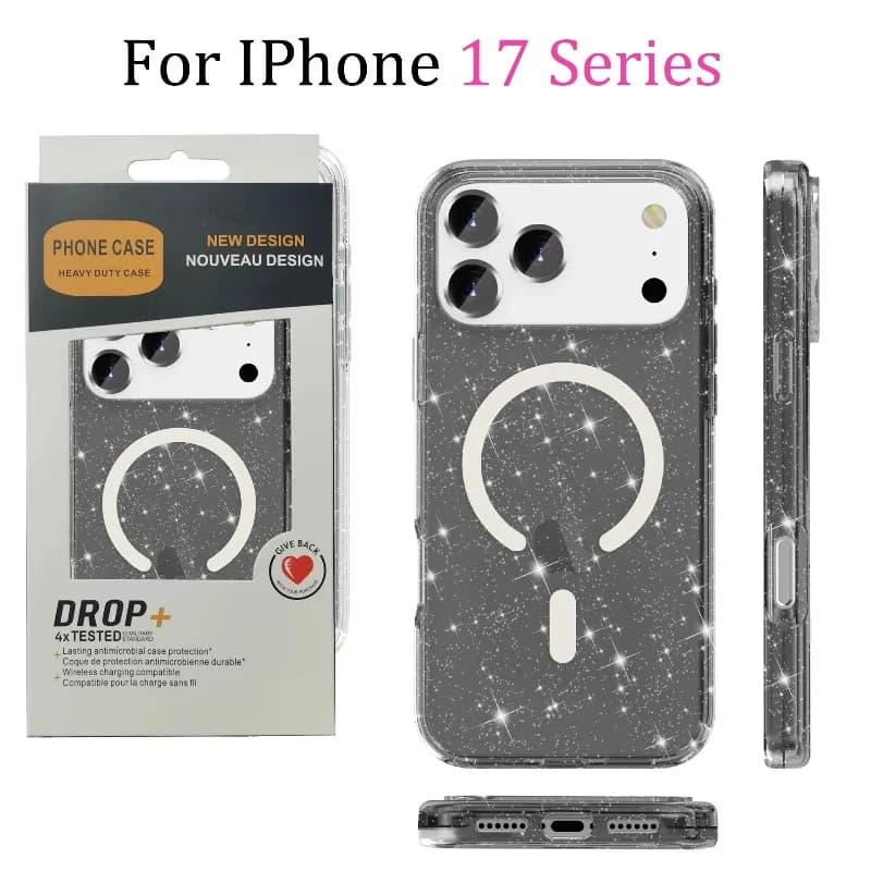 Custodia per telefono magnetica trasparente con glitter Bling per IPhone 17 Air 16E 15 14 Plus 13 12 Pro Max Custodia protettiva antiurto per carica wireless