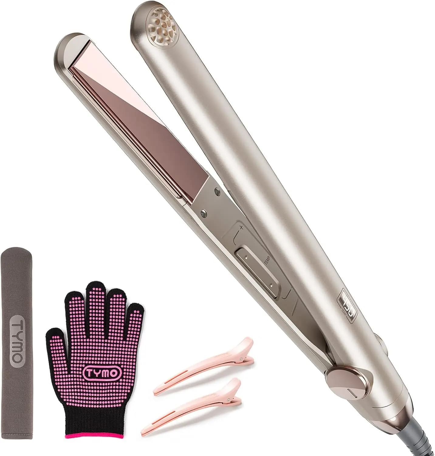 Titanium flat iron hair plate with heating from 10 seconds, 32 temperature settings, double voltage and LED display for woman