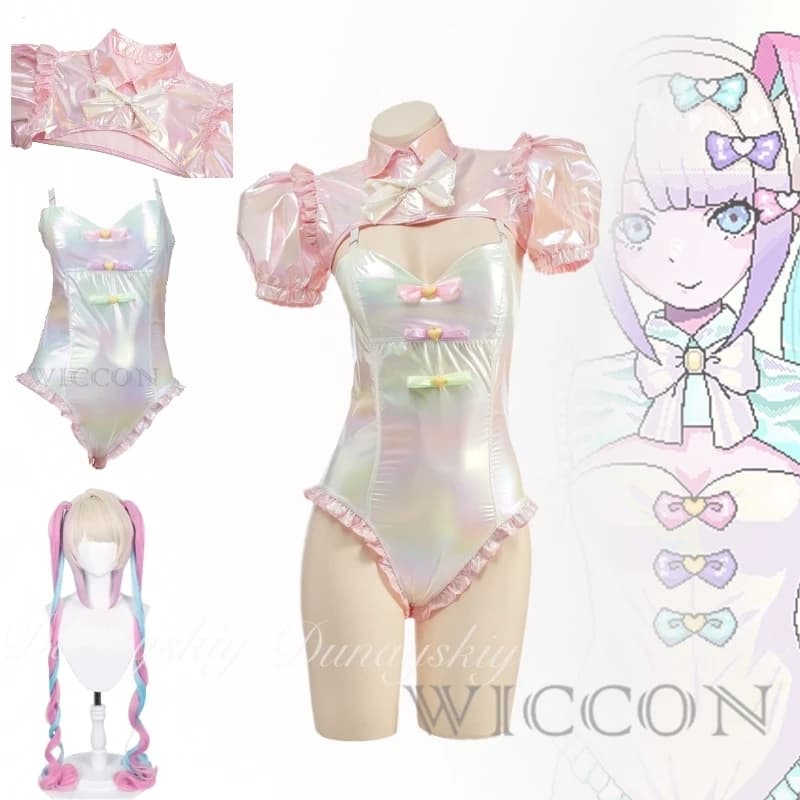 NEEDY GIRL OVERDOSE Gioco Rain Ame Superchat Demon Angel Chan con il costume da bagno a colori laser Parrucca bianca Costume cosplay pieno di set