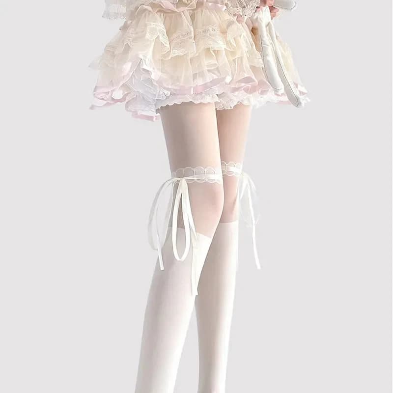 Lolita Cos Sweet Tights Women's Cute Silk Stockings with Bowknot Strapped Lace Splicing Anti-hook Silk Slimming Sheer Pantyhose