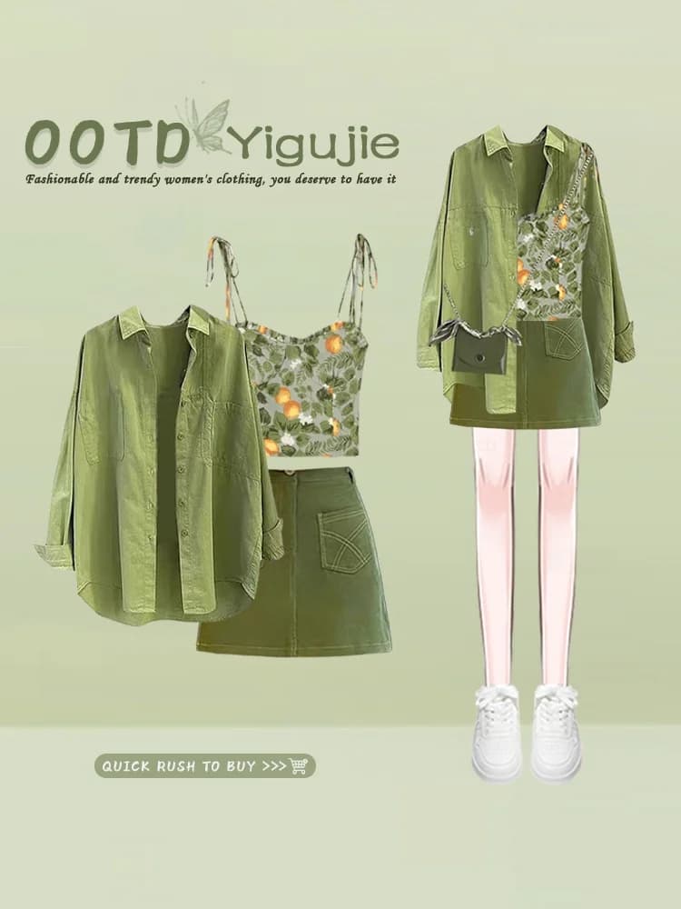 Completo Estivo Donna Tre Pezzi: Top Floreale, Gilet e Gonna Corta - Blusa a Maniche Lunghe Verde Dopamina Sexy e Dolce
