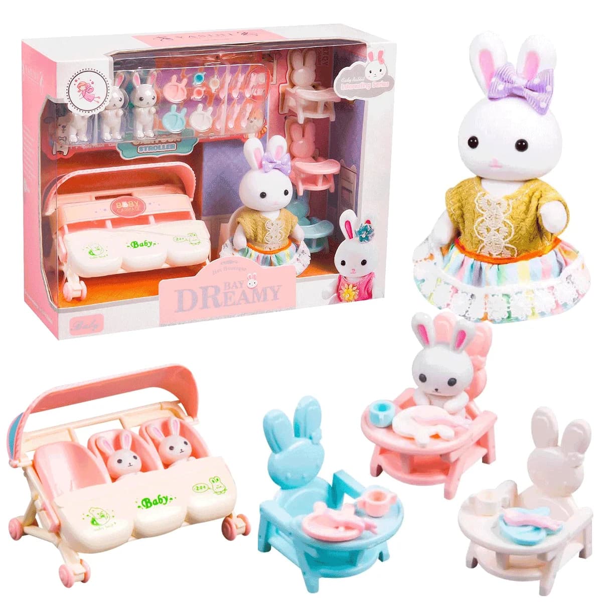 Mobili per casa delle bambole Passeggino Mini mobili per casa delle bambole Set di accessori Mobili per la famiglia di conigli in miniatura Giocattolo per casa da gioco