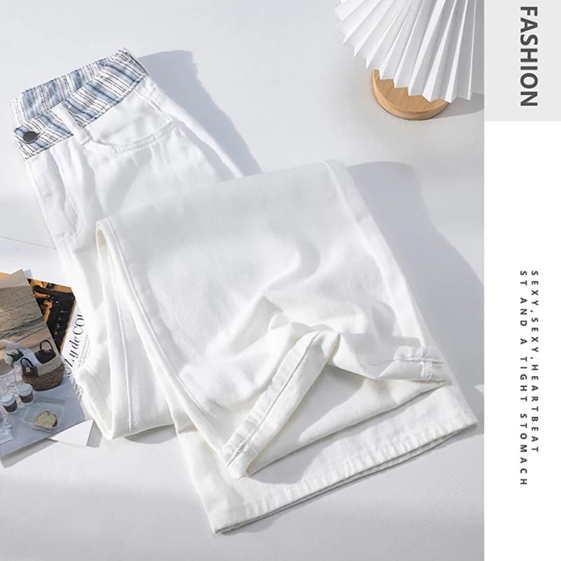 Jeans bianchi a gamba larga da donna Pantaloni estivi sottili casual a righe larghe con tasca in denim Pantaloni slim dritti a vita alta alla moda
