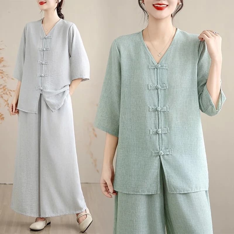 Women's Fashion Cotton Hemp Yoga Clothing Set Spring 2026 Wide Leg Pants Two Piece Outfit Tea Top Linen Blend Comfortable Fit