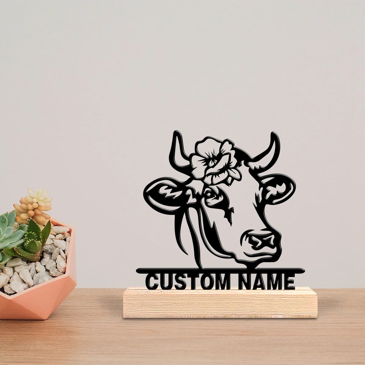 Custom Metal Statue with Mucca Wearing Wood Flowers and Base, Table Decoration, Musical Gift