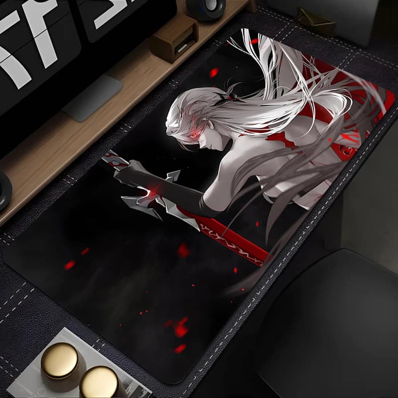Gaming Mouse Pad, Anti-slip, Stitched Edges, Black Red White Haired Anime Girl Print, Keyboard Pad for Gamer Home Office Desk
