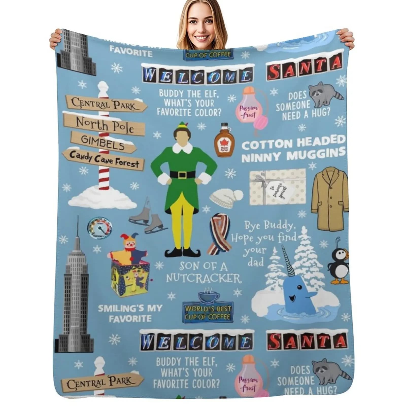 Buddy the Elf collage, Blue background Throw Blanket Camping Custom Sleeping Bag Comforter Sofa Blankets
