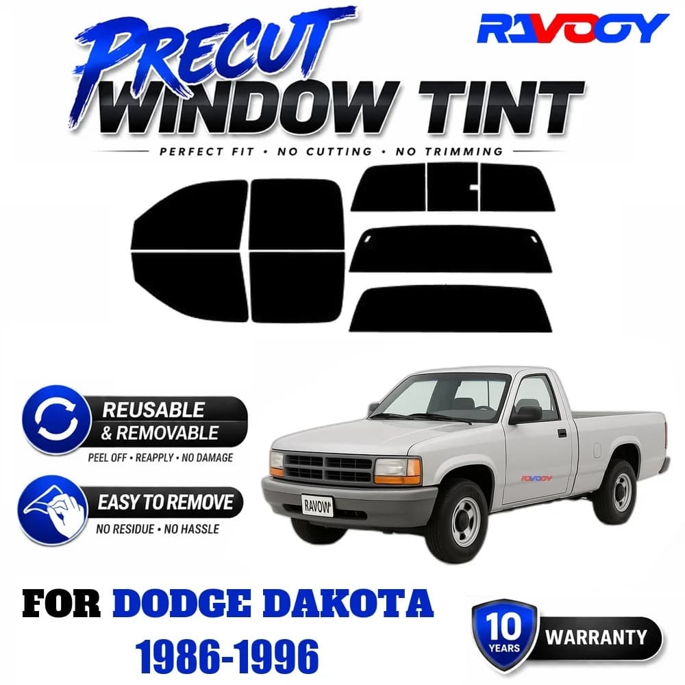 RAVOOY Precut Window Tint, Reusable Removable EPU Film, Custom Fit for Dodge Dakota 1986-1996, UV Heat Protection