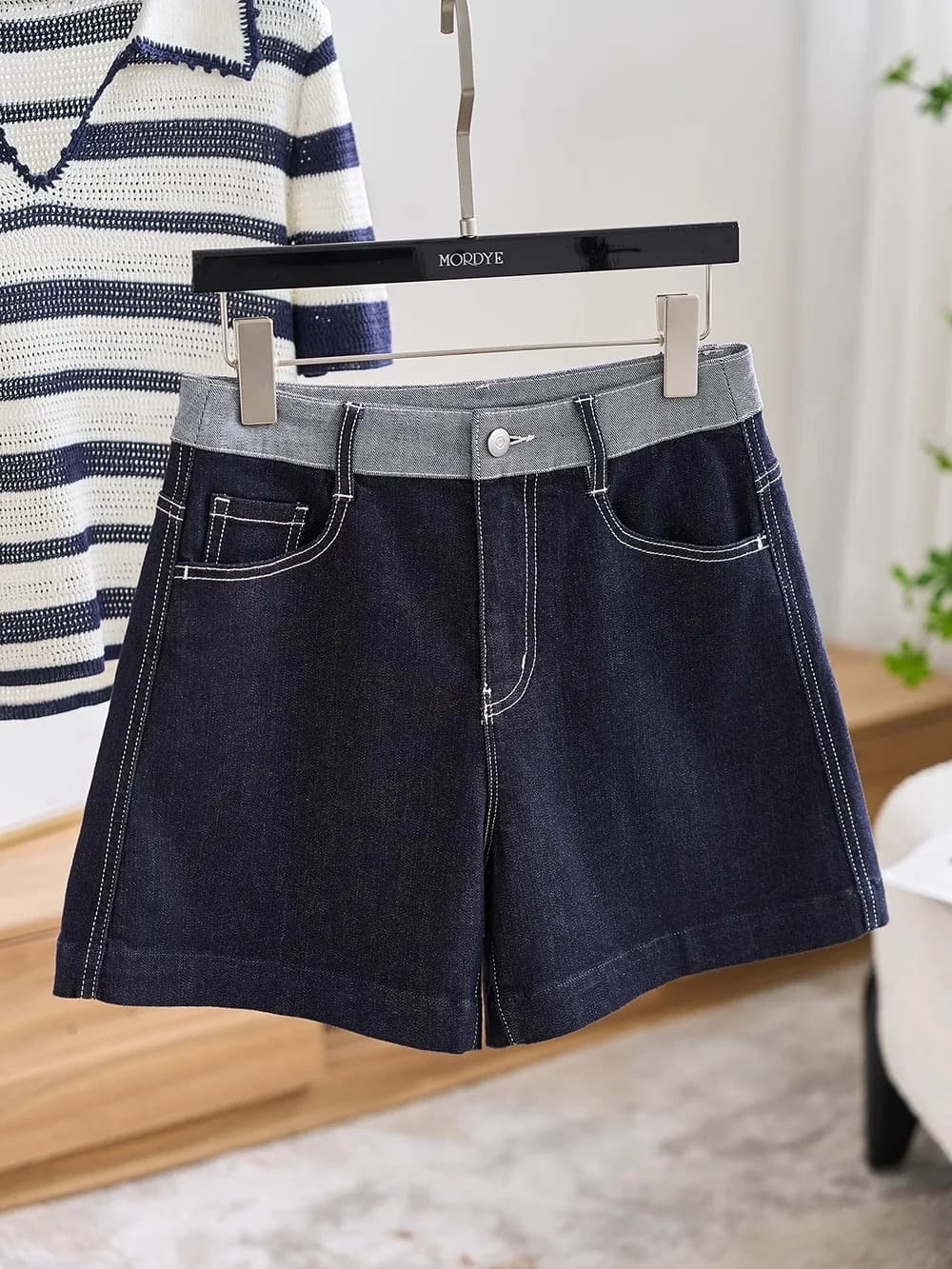 Jeans Corti a Vita Alta e Gamba Larga da Donna, Moda Estiva, Color Block, in Denim di Cotone e Seta Lenzing, Casual con Tasche con Cerniera