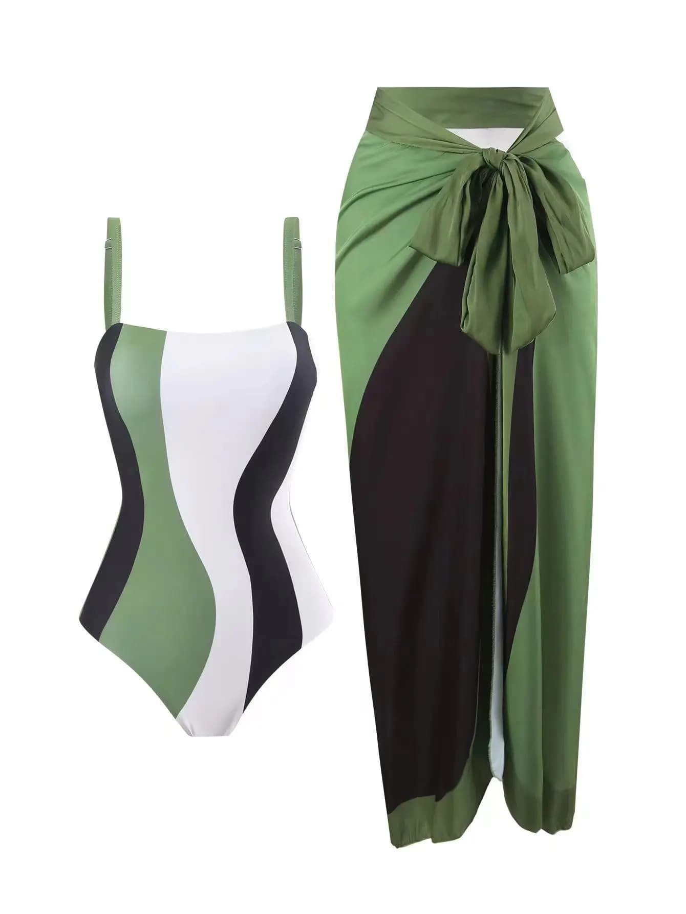 New summer full bikini swimsuit, 2-piece set with single-piece gauze skirt with women's sunscreen, hot spring for beach holidays