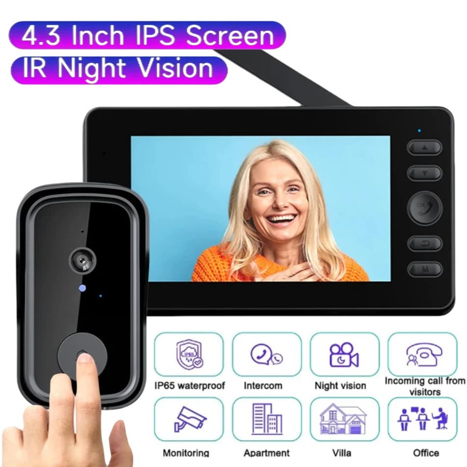 Campanelli wireless 1080P con schermo 4.3 Citofono audio bidirezionale Videocamera per porta con rilevamento del movimento Campanello impermeabile per casa intelligente
