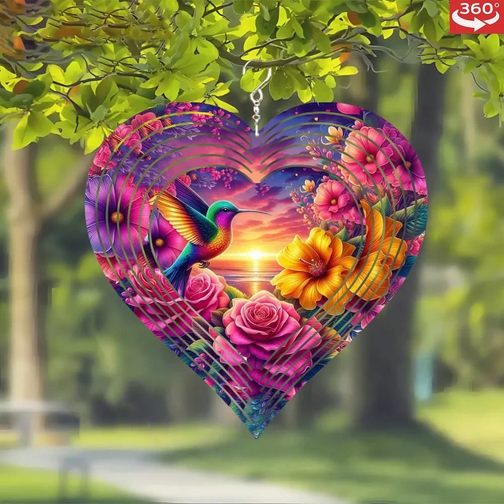 metal wind chimes, hanging heart shape flower hummingbird design, unique art decoration for balcony & garden, 360° rotating