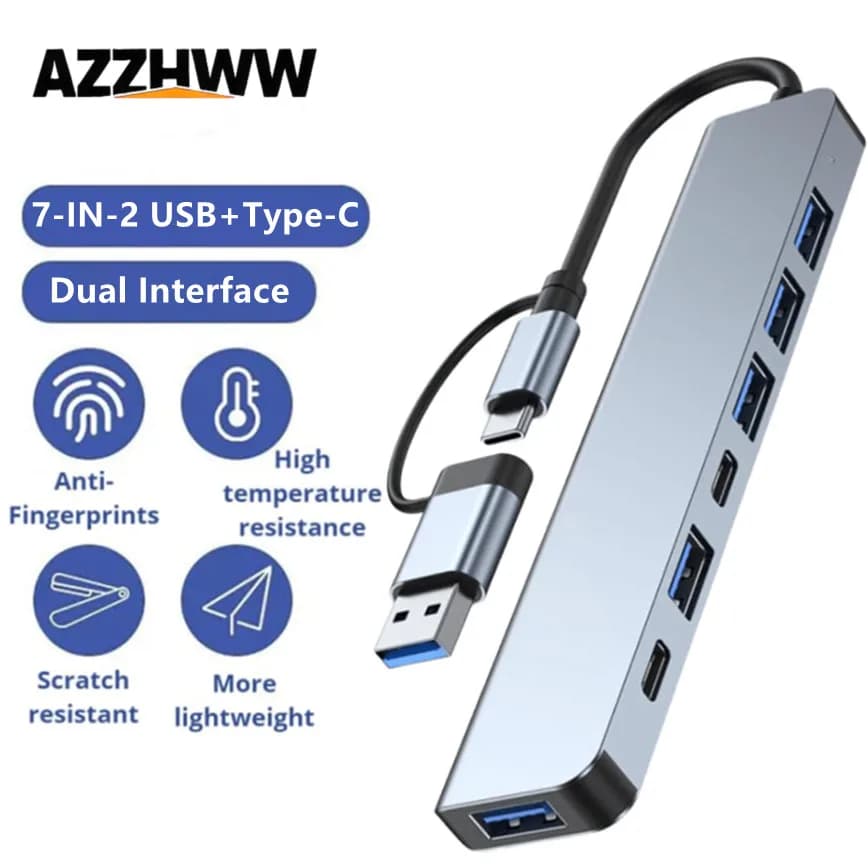 Hub USB-C e USB 7-IN-2 con porte USB 3.0 e USB 2.0, splitter estensore per PC, laptop, MacBook Pro, Air, iMac, iPad e altri dispositivi