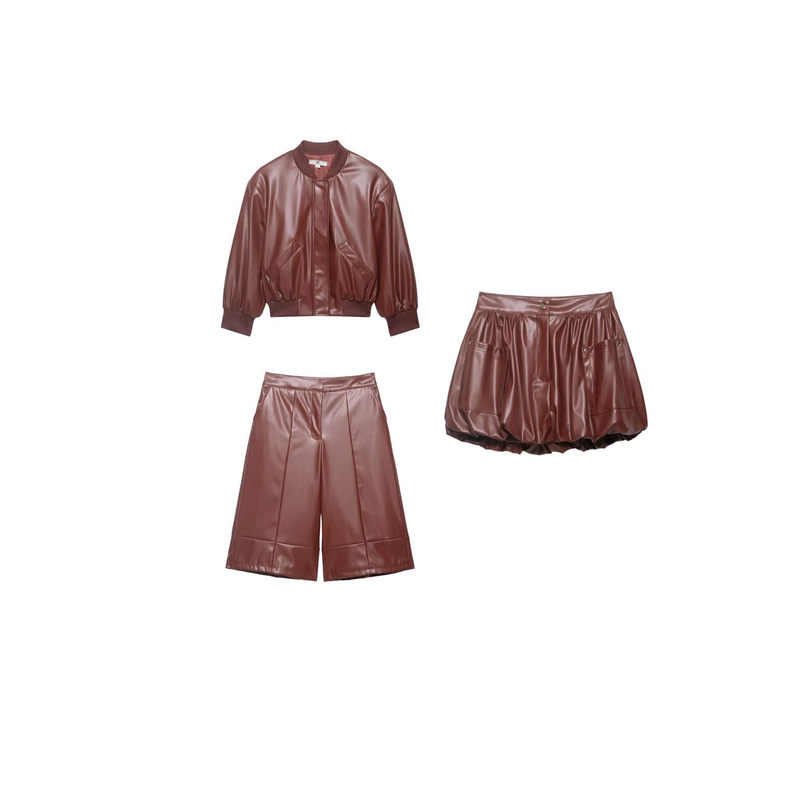 Nuovo set da donna composto da giacca bomber corta e pantaloncini, in similpelle, con spalline, stile casual da lavoro.